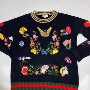 Jamison Butterfly Embroidered Colorful Sweater Women’s Sz S Gold Shimmer Flowers